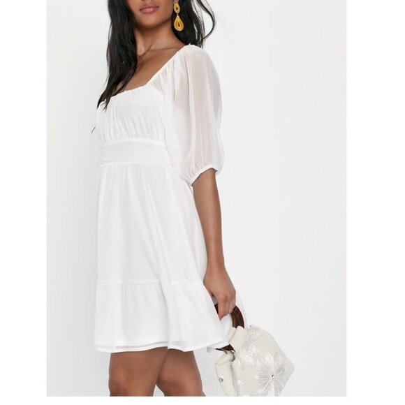 Lulus Ethereal Arrival White Puff Sleeve Tie-Back Chiffon Mini Dress Size Small - Picture 6 of 8